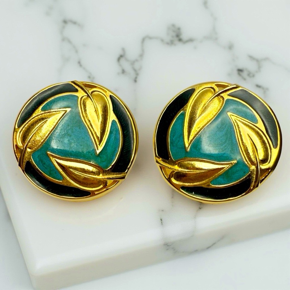 Vintage Berebi Gold Tone Green & Black Enamel Leaf Earrings